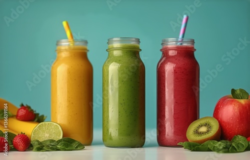 Colorful Fruit Smoothies Displayed on a Vibrant Background With Assorted Frui...