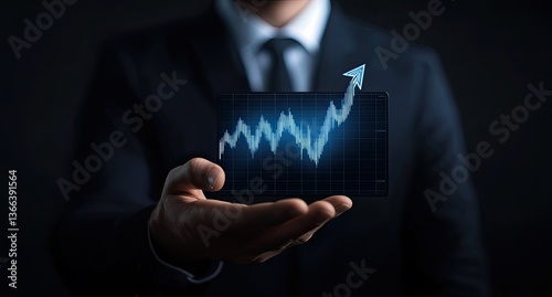 A trader presents a growing holographic  chart, representing strategic planning, business expansion, and success. The scene emphasizes investing in trading for achieving growth and progress