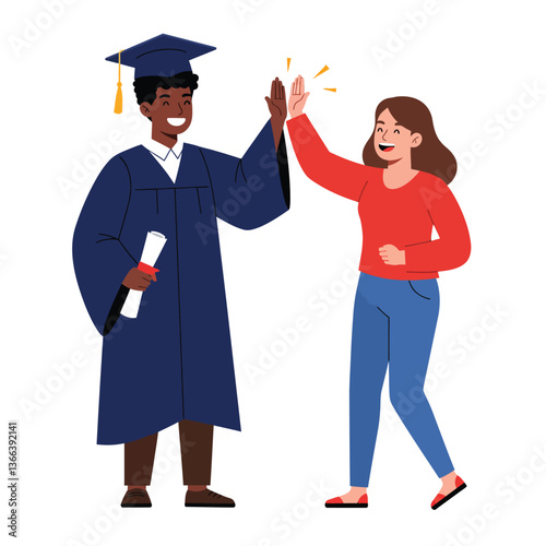 Happy graduate in cap and gown celebrating with joyful friend in flat vector illustration style, showcasing achievement and friendship in a cheerful atmosphere vector art