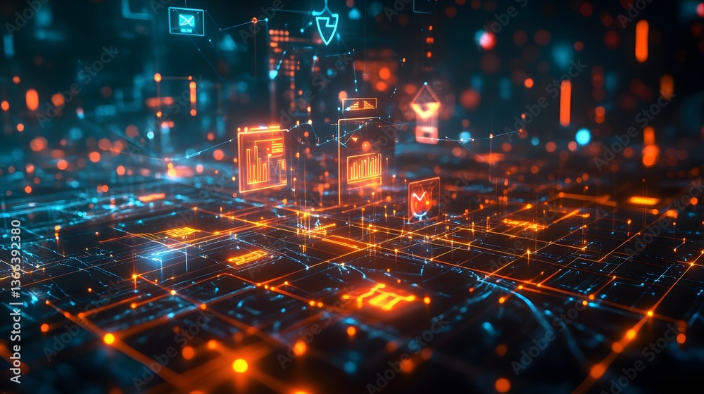 Fototapeta premium A visually stunning digital landscape with bright neon lights, abstract shapes, and intricate lines. The image evokes a sense of high-tech innovation and future technologies