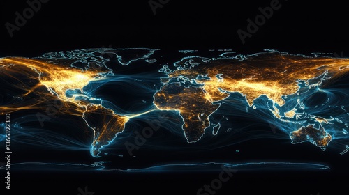 A dynamic visualization of global trade routes, glowing across continents --ar 16:9 --v 6.1 Job ID: 89bc4875-cb62-4168-b883-1e421a1c4e3d