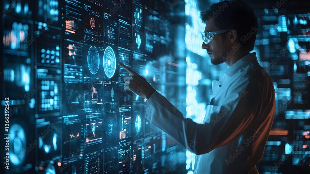 A man is interacting with a futuristic digital interface, surrounded by glowing screens. He is dressed in a lab coat and glasses, focused on data and complex information A man is interacting with a futuristic digital interface, surrounded by glowing screens. He is dressed in a lab coat and glasses, focused on data and complex information