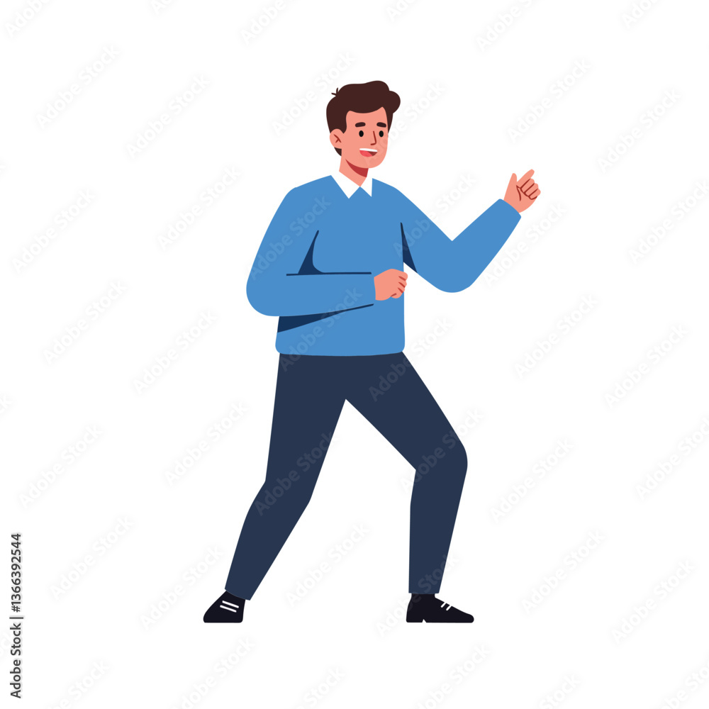 A cheerful young man in a blue sweater joyfully dancing with enthusiasm against a minimalist background in flat vector art A cheerful young man in a blue sweater joyfully dancing with enthusiasm against a minimalist background in flat vector art