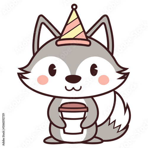 Festive Cartoon Wolf with Party Hat Holding Coffee Cup on White Background