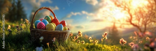 Colorful Easter Eggs in a Wicker Basket Surrounded by Green Grass During Spri...