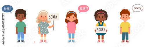 Children of different nationalities and genders asking for forgiveness, holding a sign SORRY. Sympathy and expression, feelings. Emotions and facial expressions, gestures. Vector illustration isolated