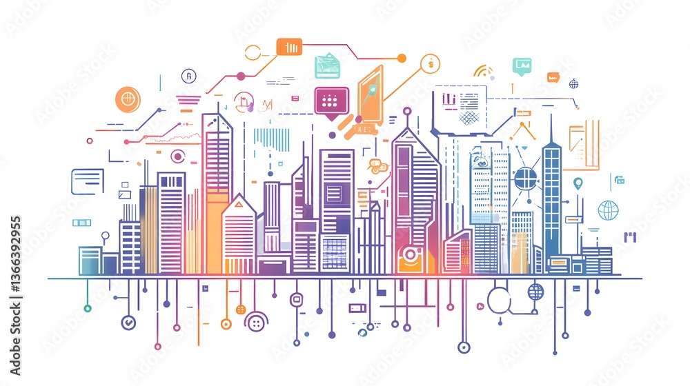 Obraz premium an illustration of a modern smart city skyline, showcasing interconnected technology and urban infrastructure
