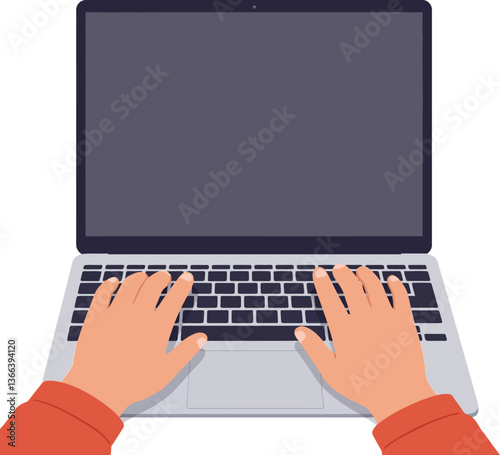 Hands typing on a sleek laptop keyboard in a flat design style showcasing modern technology and workspace aesthetics in vector art
