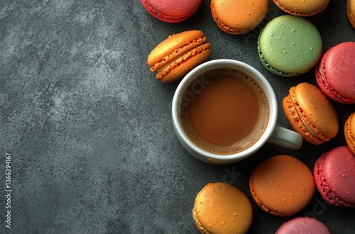Coffee and Colorful Macarons on a Textured Surface During Morning Relaxation
