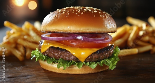Juicy Hamburger With Cheese and Fresh Toppings Served Alongside Crispy Fries