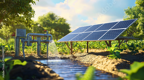  A solar-powered irrigation system in a rural farm setting. Solar panels are shown powering a water pump, 