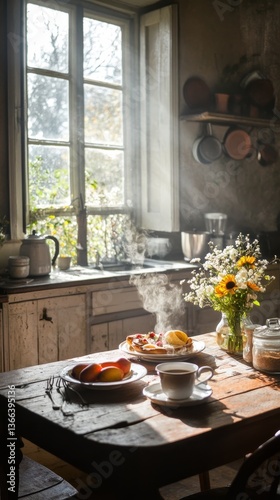 A sun-drenched rustic kitchen featuring a wooden table adorned with a steaming cup of tea, pastries, fresh fruits, and a vibrant bouquet of wildflowers, creating a cozy and inviting scene.. AI