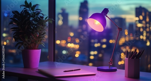 Modern Workspace With a Desk Lamp and City View at Dusk