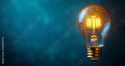 Softly Glowing Vintage Light Bulb Against a Deep Blue Background Creates a Wa...