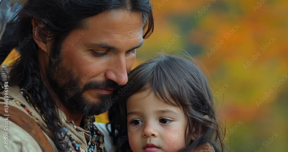 Father embracing child in autumn woods captures tender connection and serene moments Father embracing child in autumn woods captures tender connection and serene moments