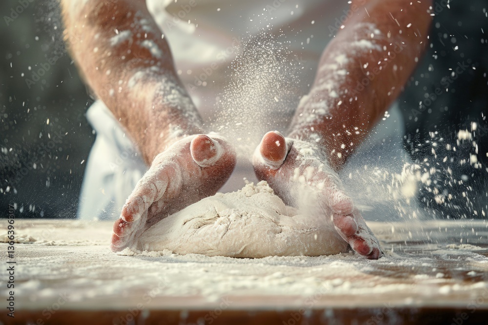Fototapeta premium Kneading dough with hands on a wooden surface, flour flying in the air, showcasing the art of baking, culinary skills, and homemade bread preparation concept