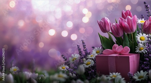 Colorful Bouquet and Gift Box Create a Festive Atmosphere in a Garden Setting