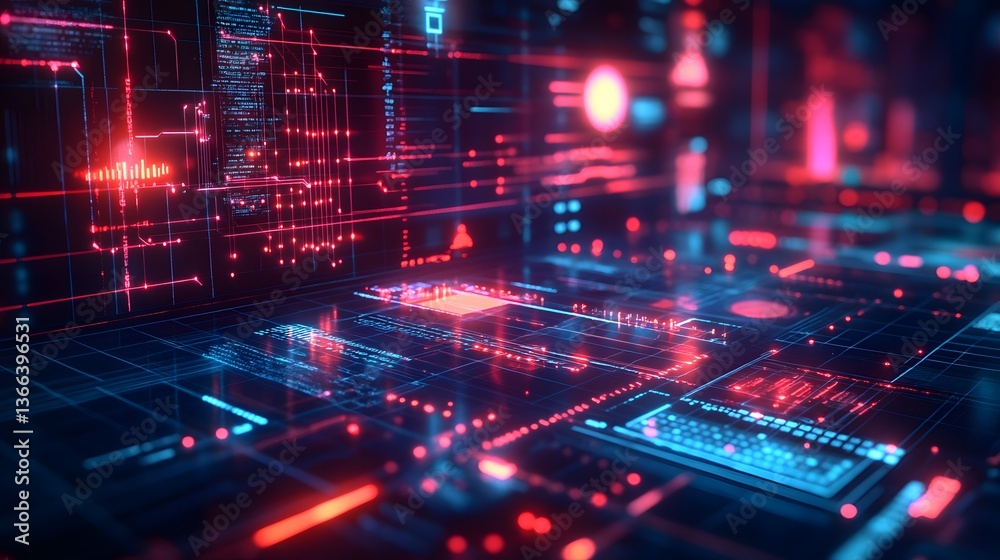 Fototapeta premium Abstract view of a digital landscape with a glowing futuristic look, creating a sense of advanced technology and digital complexity