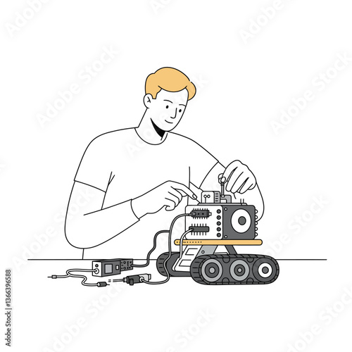 A young man assembling a robotic vehicle with tools in a minimal and modern style showcasing creativity and innovation in vector illustration