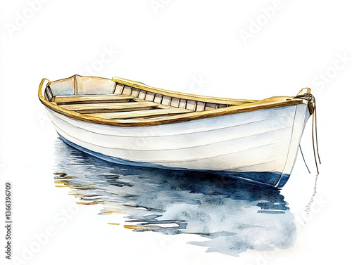 A small fishing boat drifts peacefully on still water, painted in a delicate watercolor style with muted tones and tranquil details. The wooden interior of the boat adds a touch of rustic charm