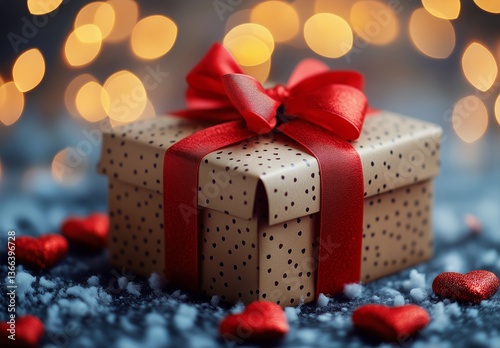 Beautifully Wrapped Gift Box With Red Ribbon and Hearts, Perfect for Celebrat...
