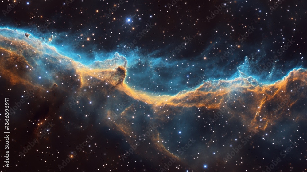 Fototapeta premium A mesmerizing nebula with swirling blue and orange hues in the vastness of space. Captured with vivid detail, it portrays the mystique of the cosmos and galactic beauty.. AI Generation