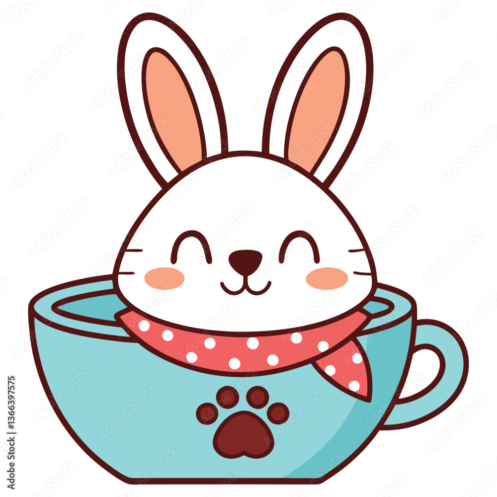 Fototapeta premium Happy White Bunny in Blue Cup with Paw Print and Red Polka Dot Scarf