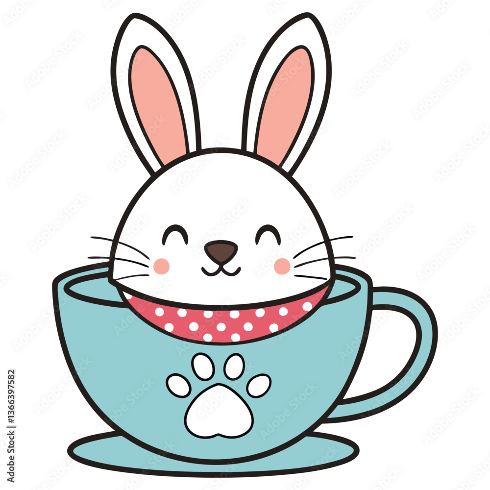 Fototapeta premium Cartoon White Bunny with Pink Ears and Cute Face in Blue Cup with Paw Print