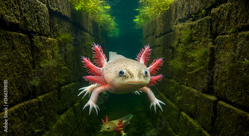 Axolotl duo swimming through ancient canal, amphibian wonder underwater environment