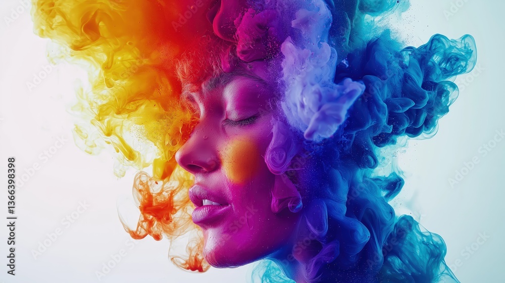 Fototapeta premium Abstract portrait of woman with colorful swirling smoke in profile view