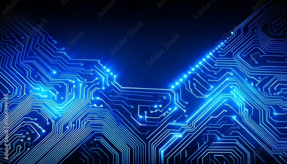 Obraz premium Neon blue circuit board glowing against a dark background