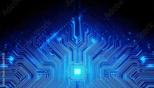 Neon blue circuit board glowing against a dark background