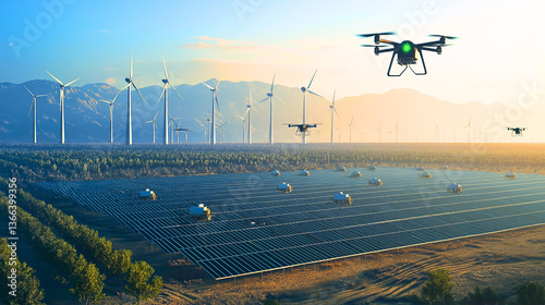  A vast autonomous green energy farm with AI-powered maintenance drones flying over towering wind turbines and solar arrays
