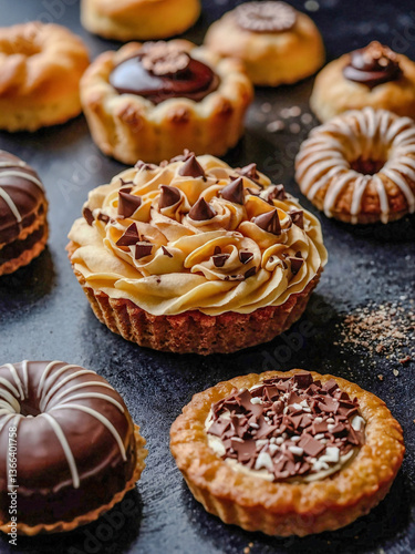 Assorted pastries with chocolate and frosting arranged on a black surface
