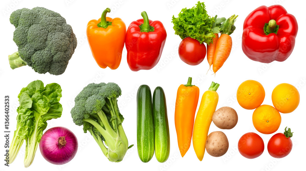 Assorted vegetables and fruits arrangement, close up, cut out transparent Assorted vegetables and fruits arrangement, close up, cut out transparent