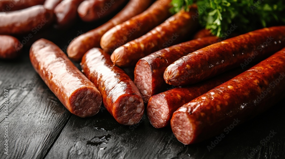 Delicious assorted smoked sausages displayed on rustic wooden table food photography culinary delight natural setting Delicious assorted smoked sausages displayed on rustic wooden table food photography culinary delight natural setting