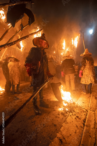 young people holding torches during the celebration of el vitor, in the town of mayorga, Valladolid on september 27 as every year.