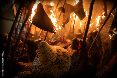 young people holding torches during the celebration of el vitor, in the town of mayorga, Valladolid on september 27 as every year.