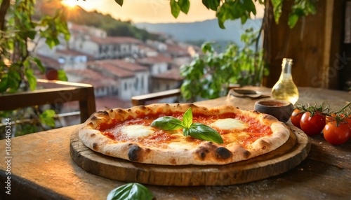 Delicious Italian pizza served outdoors with a scenic landscape view during sunset, creating a warm and inviting atmosphere.