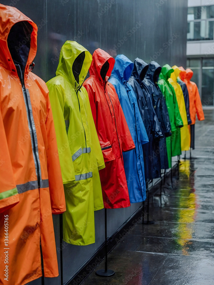 Assortment of high-visibility raincoats on display Assortment of high-visibility raincoats on display