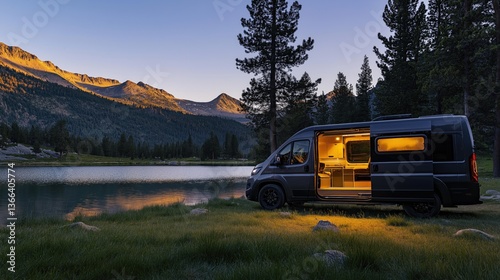 Wallpaper Mural Black van parked by serene lake at sunset with open door and warm interior lighting Torontodigital.ca
