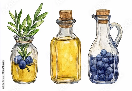 Olive oil in glass jug, bottle with cork and olive leaves and berries. Watercolor hand drawn illustration for Mediterranean food sauce vegan label, vegetarian menu. Isolated clipart white background