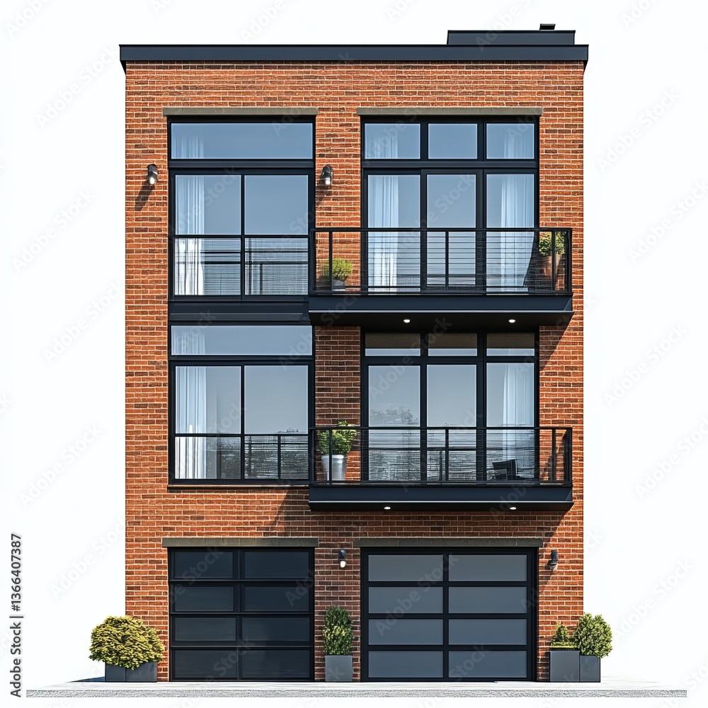 Obraz premium Stylish Brick Townhouse Design with Garages and Balconies on White Canvas