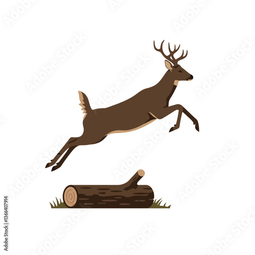 A brown deer gracefully leaping over a fallen log in a flat, minimal vector illustration capturing the essence of natures agility and freedom