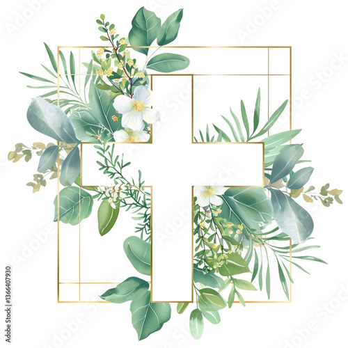 Graphic Easter Cross Clipart, Spring Floral Arrangements, Baptism Crosses DIY Invitation, Golden frame and foliage watercolor on transparent background