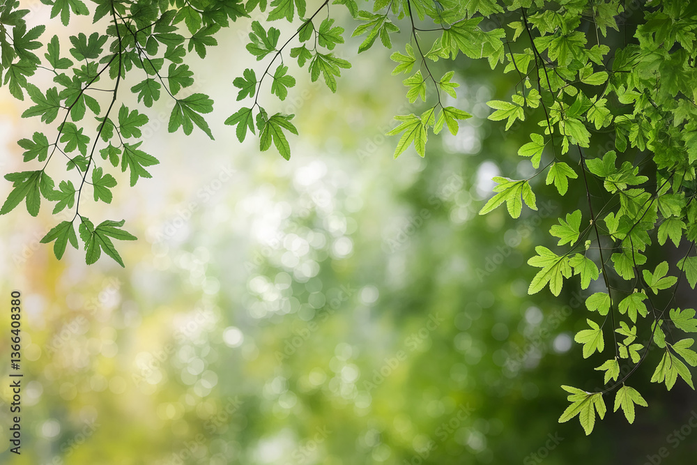 Fresh green leaves frame a blurred natural background, conveying springtime, growth, and serenity, ideal for nature or ecology themes