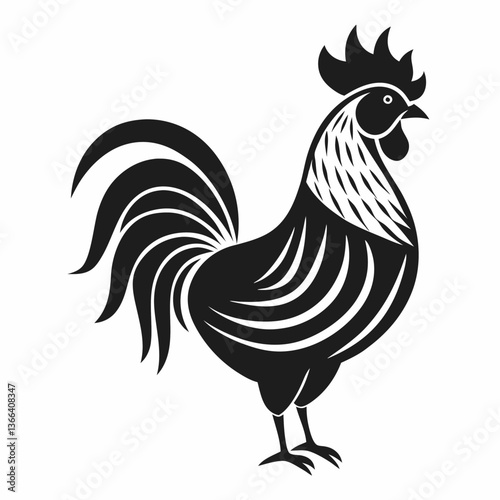 Black and white stylized rooster vector illustration, domestic fowl silhouette design.