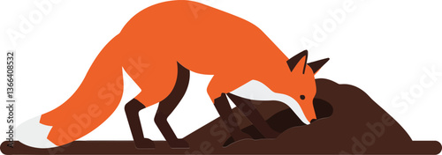 A playful orange fox digging into a brown mound in a flat vector illustration showcasing wildlife in a natural setting and highlighting the foxs curious nature in vector art