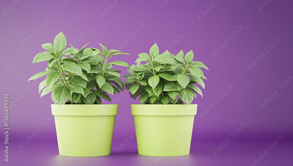 Fototapeta premium Chic green plants in bold purple containers, complemented by a soft purple background, creating a visually appealing decorative element