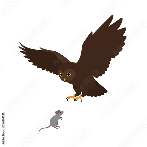 A detailed illustration of a brown owl swooping down towards a small grey mouse in a flat vector art style